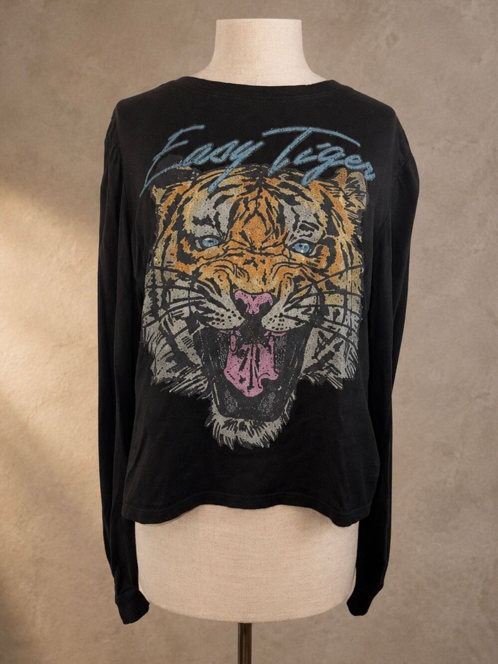 Recycled Karma Size M Easy Tiger Puff Sleeve Graphic Tee Black Cropped Cotton